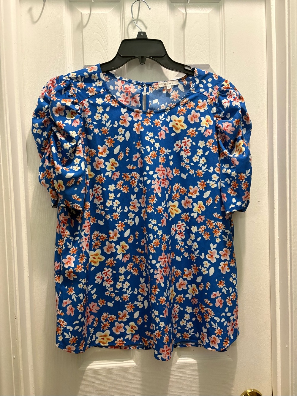 Pleione Royal Blue Floral Puff-Sleeve Blouse